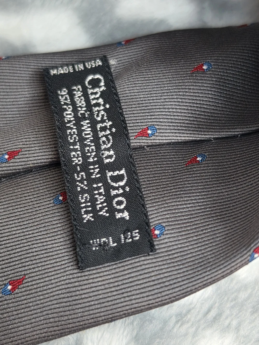 Vintage Christain Dior Gray Silk Tie with Red and Blue Pin Dots